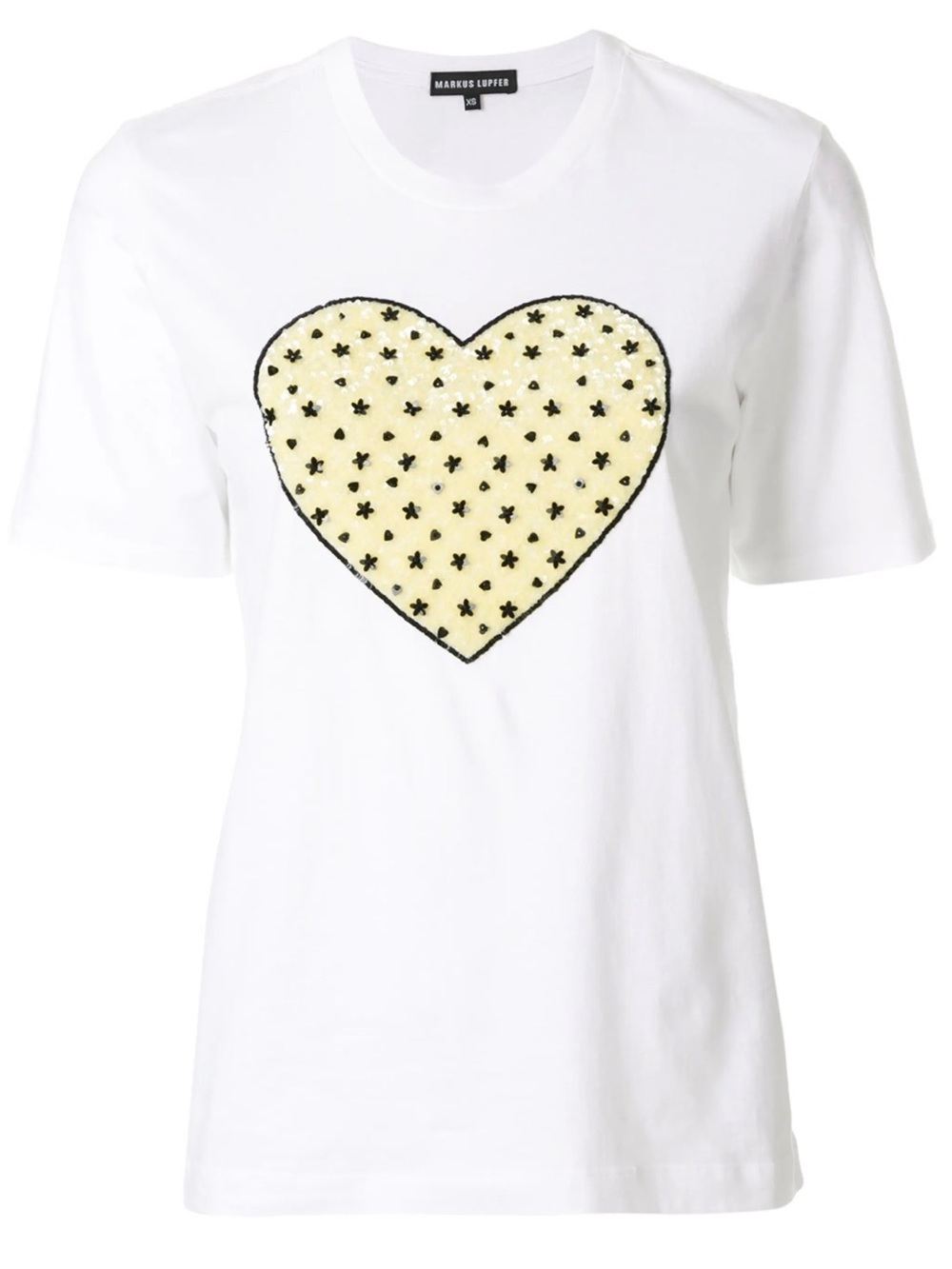 Rare Markus Lupfer Sequin applique flower heart White Tee t-shirt